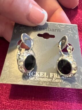 dressbarn Silver-Tone Earrings with Black Cabochons